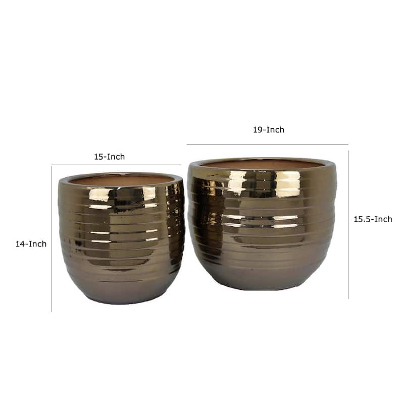 Paulo Barrel Planter Set of 2, Raised Ribbed Gold Ceramic 19, 15 Inch