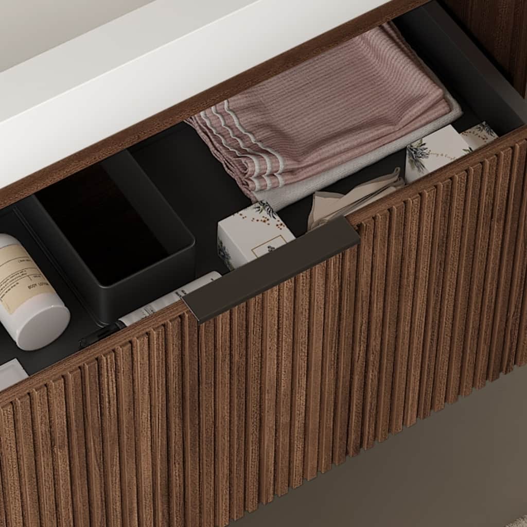 Bathroom Vanity with Retro Walnut Texture, Spacious Drawer, Open Towel Shelf, Durable Plywood Cabinet