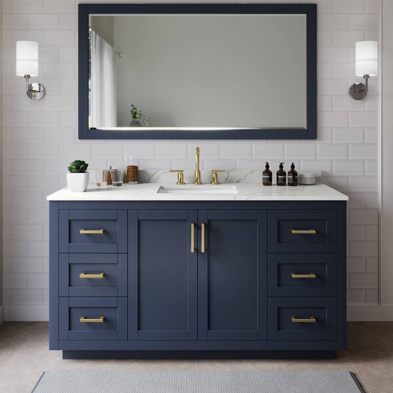 Wyndham Collection WCF292966S-QTZ-US3MXX Miranda 66" Free Standing - Dark Blue / Giotto Quartz Top / Brushed Gold