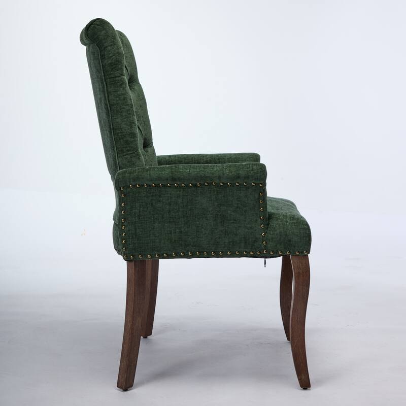 Upholstered Chenille Dining Chairs, Tufted Accent Armchairs with Curved Solid Wood Legs, Dining Room Arm Chair