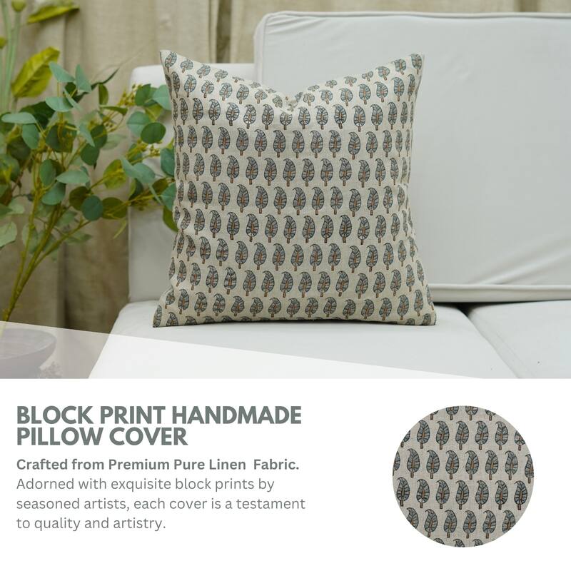 Fabdivine Block Print 12x20 Inch Pillow Cover Pure Linen Floral Farmhouse Decor Accent for Brown Soft, Cushion Case, Kanak Buti