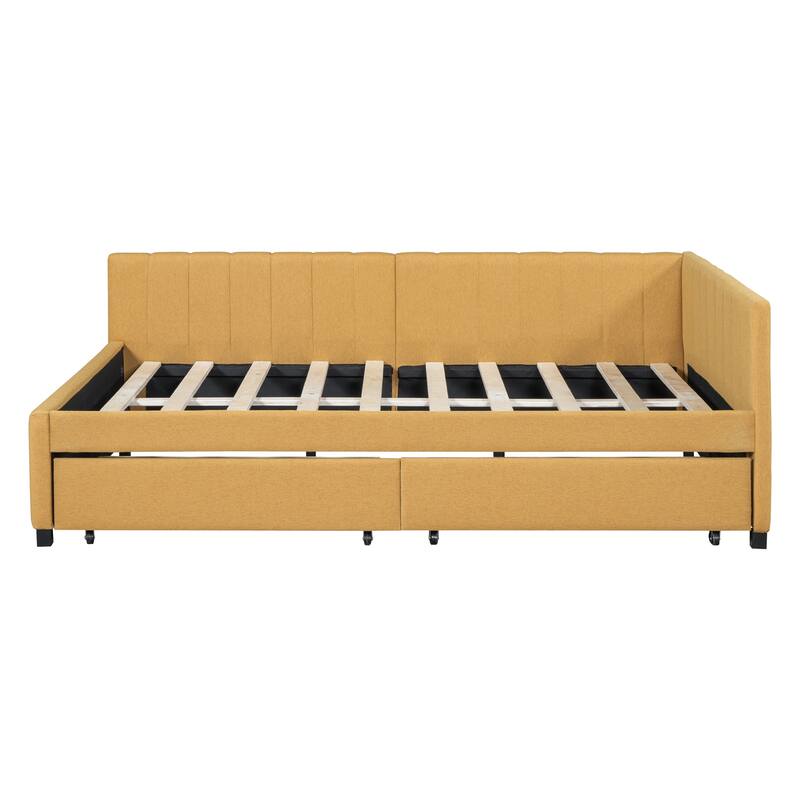 Full Size Upholstered Daybed with 2 Storage Drawers, Linen Fabric Sofa Bed Frame, No Box Spring Needed
