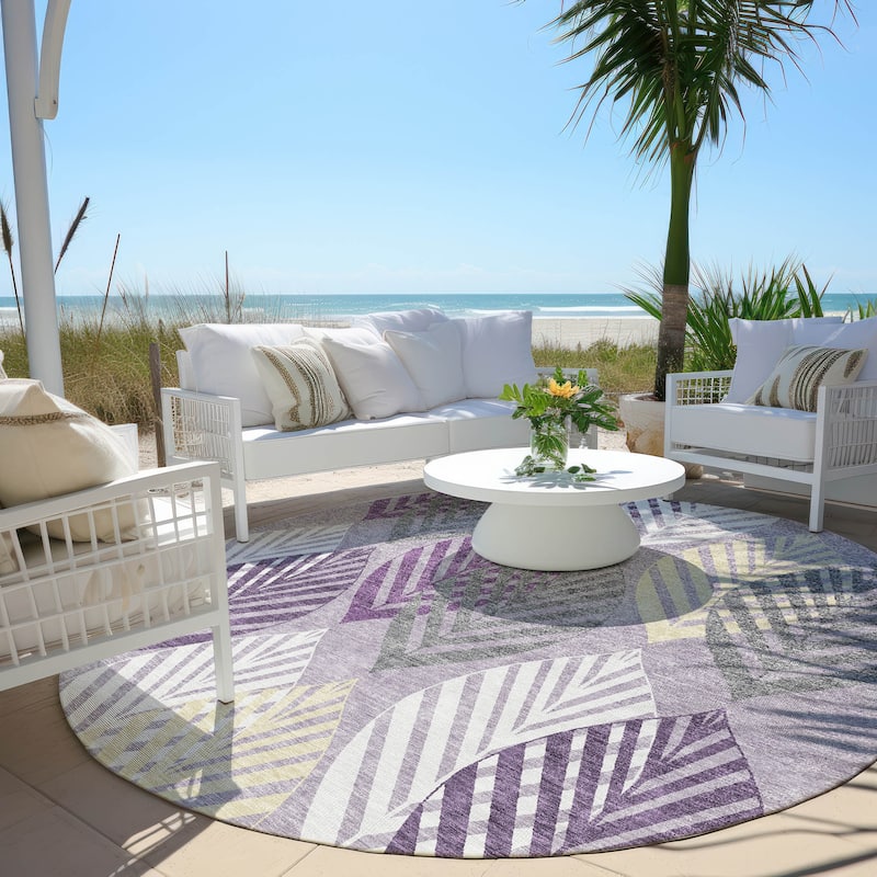Machine Washable Indoor/ Outdoor Chantille Casual Palm Leaf Rug - Purple - 8' x 8'