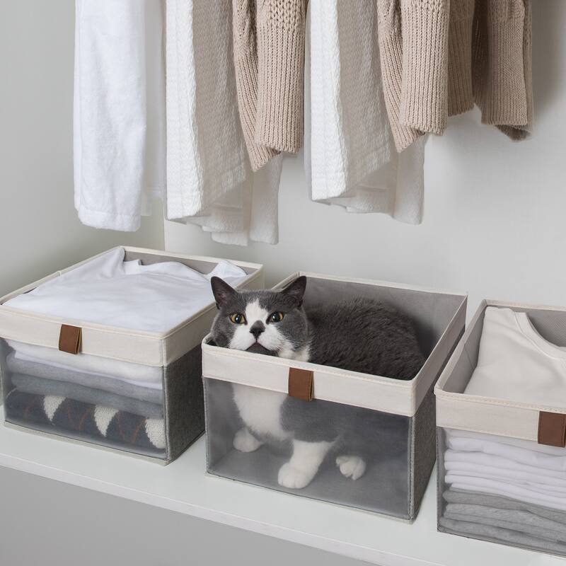 StorageWorks Foldable Storage Bins, Set of 3, Gray&White