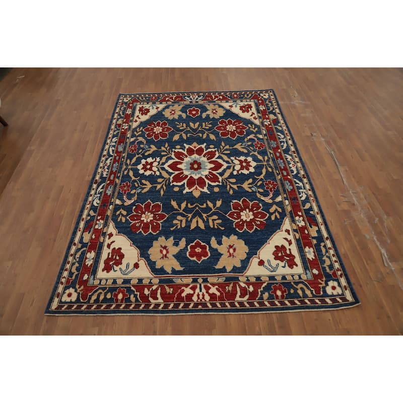 Hand Knotted Oriental 100% Wool Carpet Transitional Floral Navy Blue & Blues Oushak Area Rug - 9' 1'' X 6' 0''