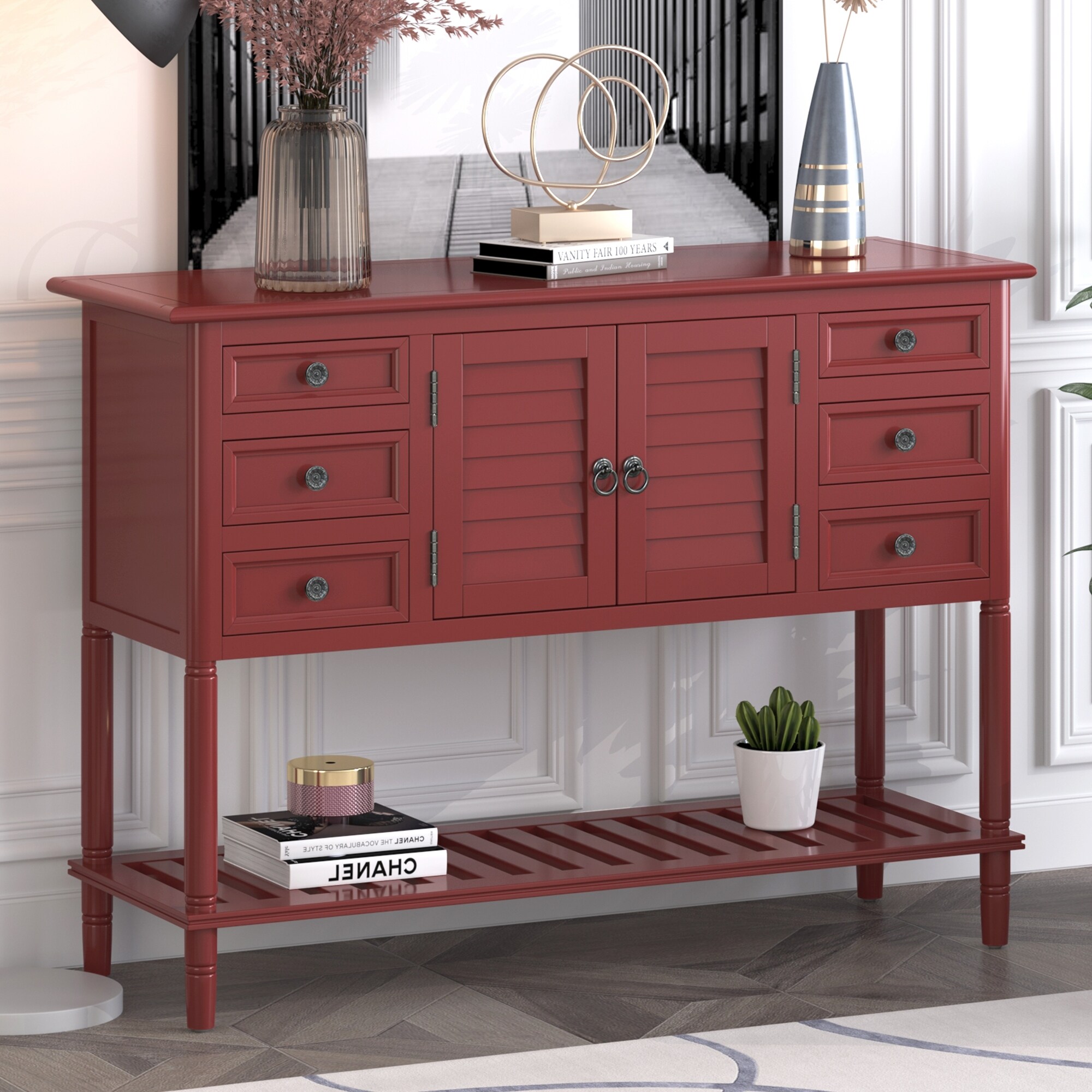 Red console sales table with storage