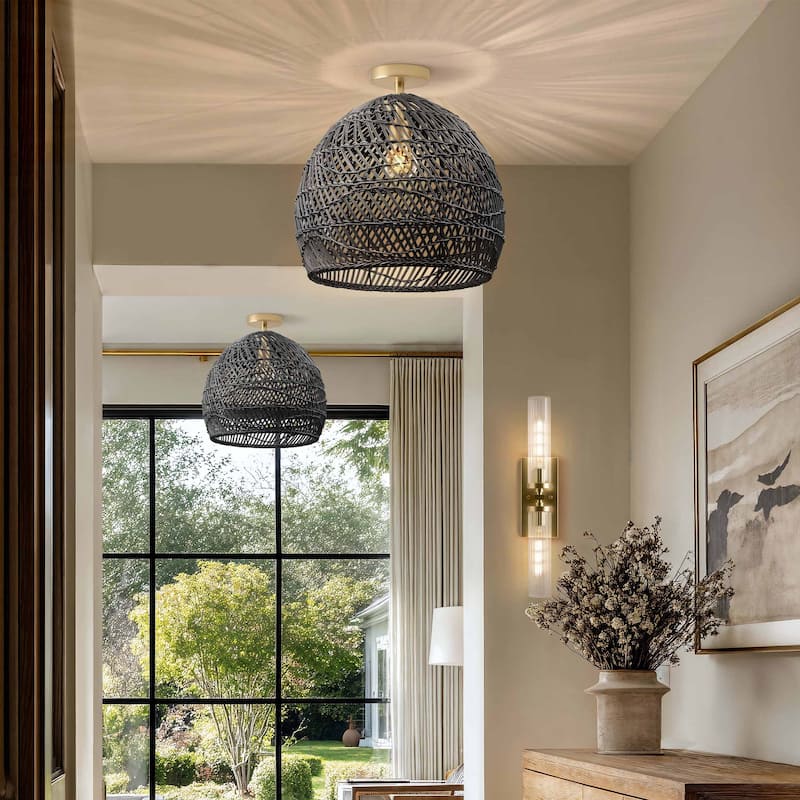 Lunar Rattan Flush Mount Rattan Black 1-Light Handwoven Ceiling Light for Bedroom or Hallway in Modern, Mid-Century, Boho Style