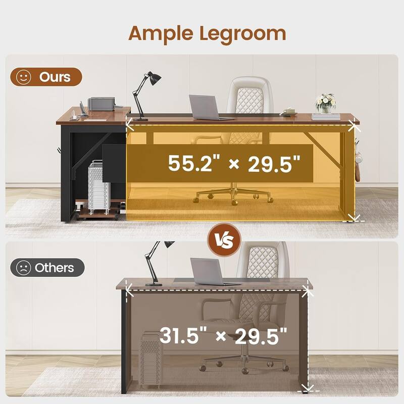 71" Executive Desk File Cabinet L Shaped Computer Desk Shelves