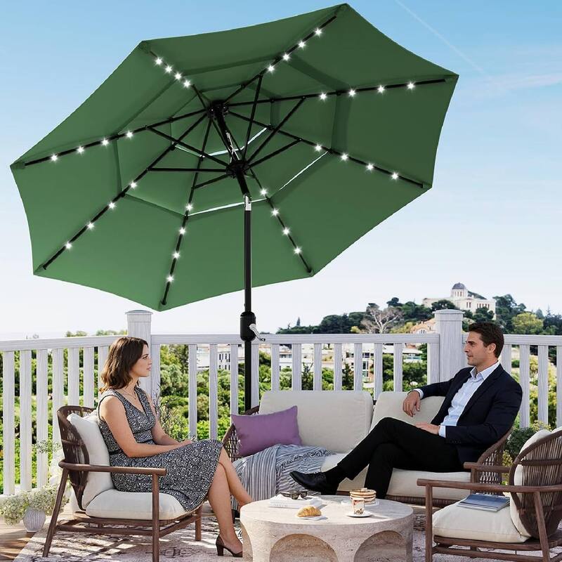 3-Tier 10Ft Patio Umbrella, Easy Crank and Push Button Tilt for Pool, Deck, Yard, Garden with LED Lights (No Base) - Green
