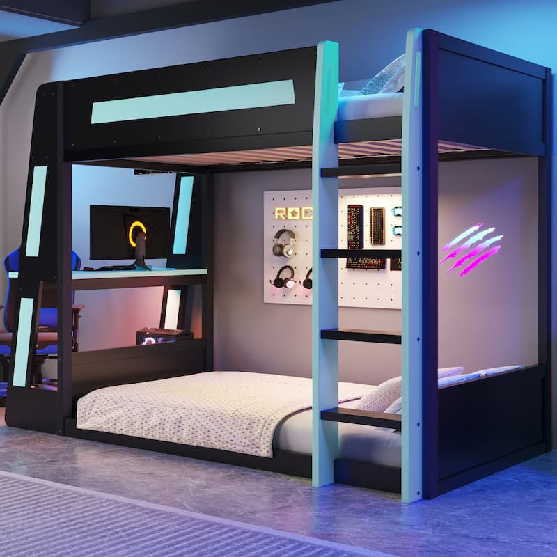 Full or Twin Gaming Bunk Bed Gaming Loft Bed with Built-In Gaming Station Cable Management for Gamer Gaming Hotel Gaming Suite