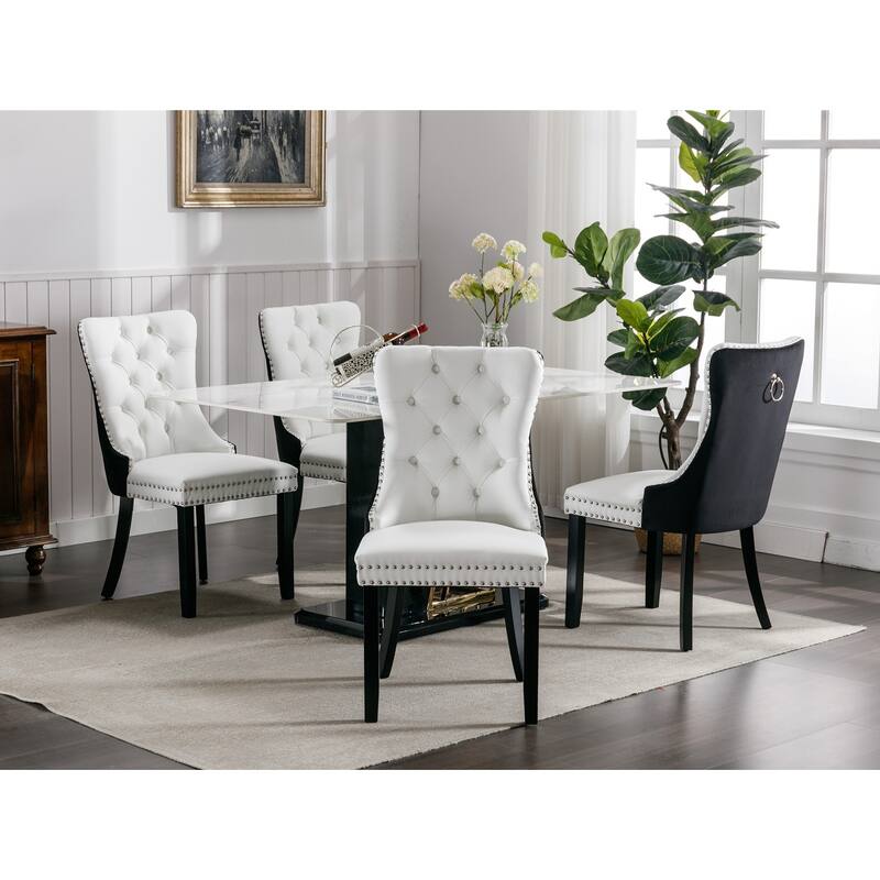 Set of 2 PU and Velvet Upholstered Dining Chairs with Nailhead Trim and Wooden Legs