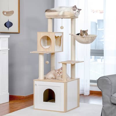 56.7" Cat Tree with Enclosure Large Litter Box, Cozy Cat Condo, Scratching Post and Repalcable Dangling Balls