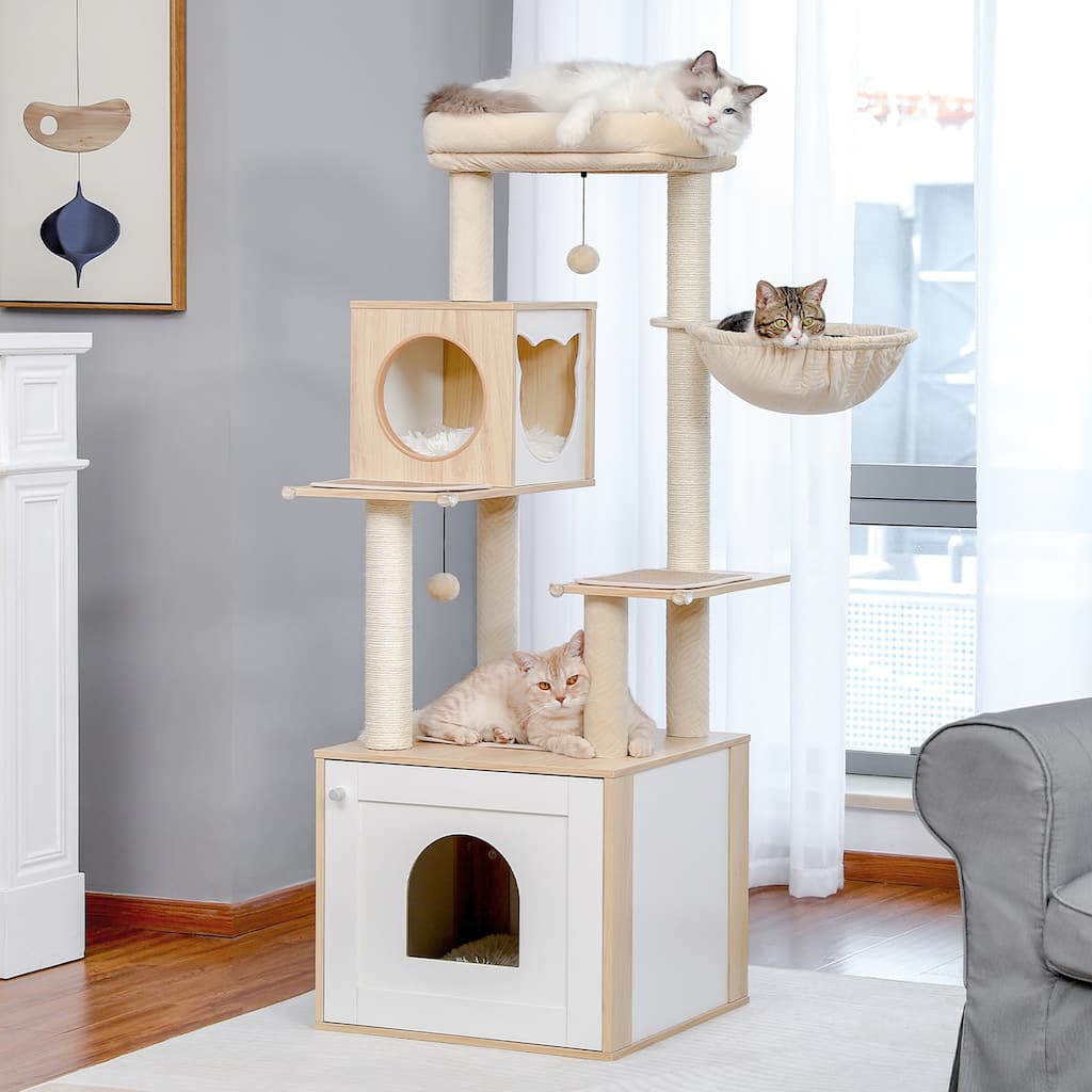 56.7" Cat Tree with Enclosure Large Litter Box, Cozy Cat Condo, Scratching Post and Repalcable Dangling Balls