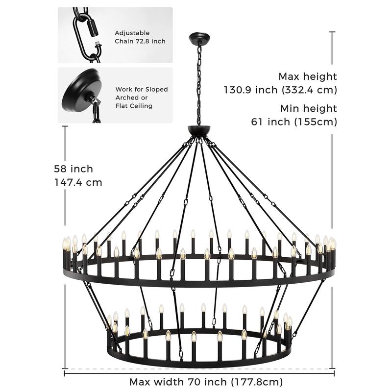 2 Tier Dining Room Light Fixture, Wagon Wheel Chandelier 47/60/70 inch Extra Large, Farmhouse Round Rustic Lighting