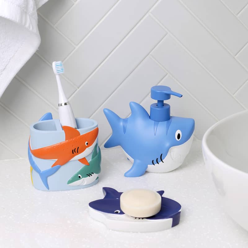 Colorful Animated Sharks 3 Piece Bathroom Accessory Set - Multi - 3 piece set
