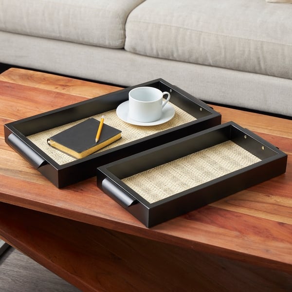 Black Wooden Tray with Light Brown Woven Interiors and Rounded Handles ...