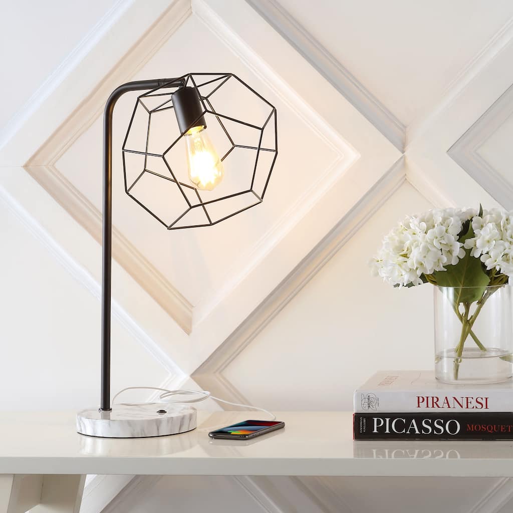 Cooper 23.5" Industrial Farmhouse Head-Adjustable Iron LED Task Lamp with USB Charging Port, Black by JONATHAN Y