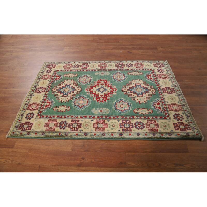 Green Kazak Foyer Rug Handmade Geometric Wool Carpet - 2'8"x 3'9"