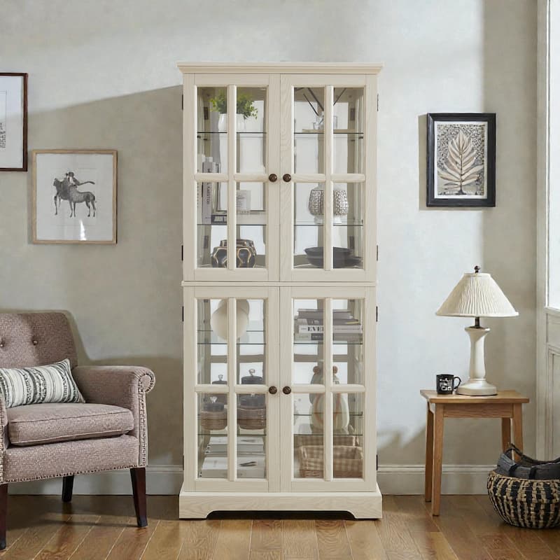 Antique Curio Display Cabinet with Glass Doors, 4 Door Vintage Showcase with Adjustable Shelves and Light