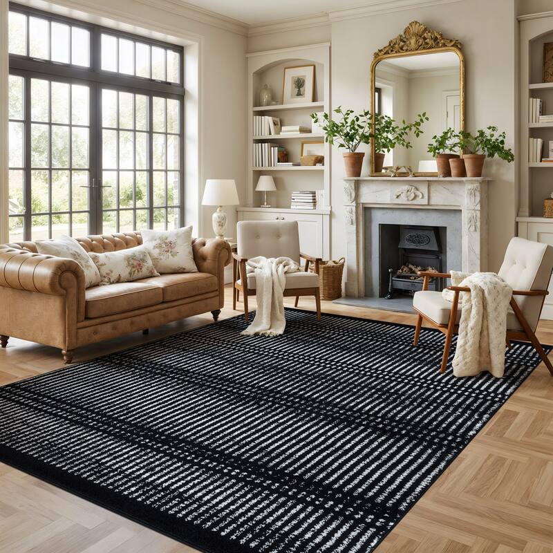 Contemporary Minimalistic Stripe LInes Area Rug - 7' 10" x 10' - Black