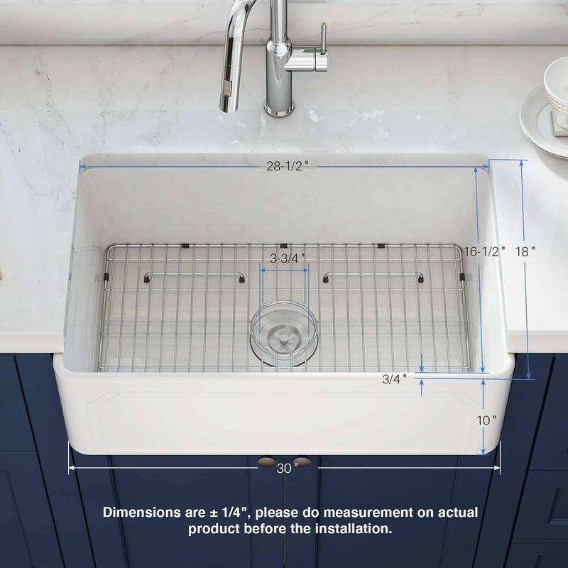 White Fireclay Farmhouse Undermount Kitchen Sink with Bottom Grid and Strainer