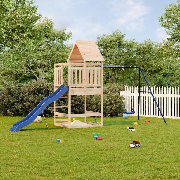 slide 2 of 17, vidaXL Swing Set Outdoor Backyard Wooden Playground Equipment for Kids Age 3-8 189.8" x 81.1" x 103.9" Pine