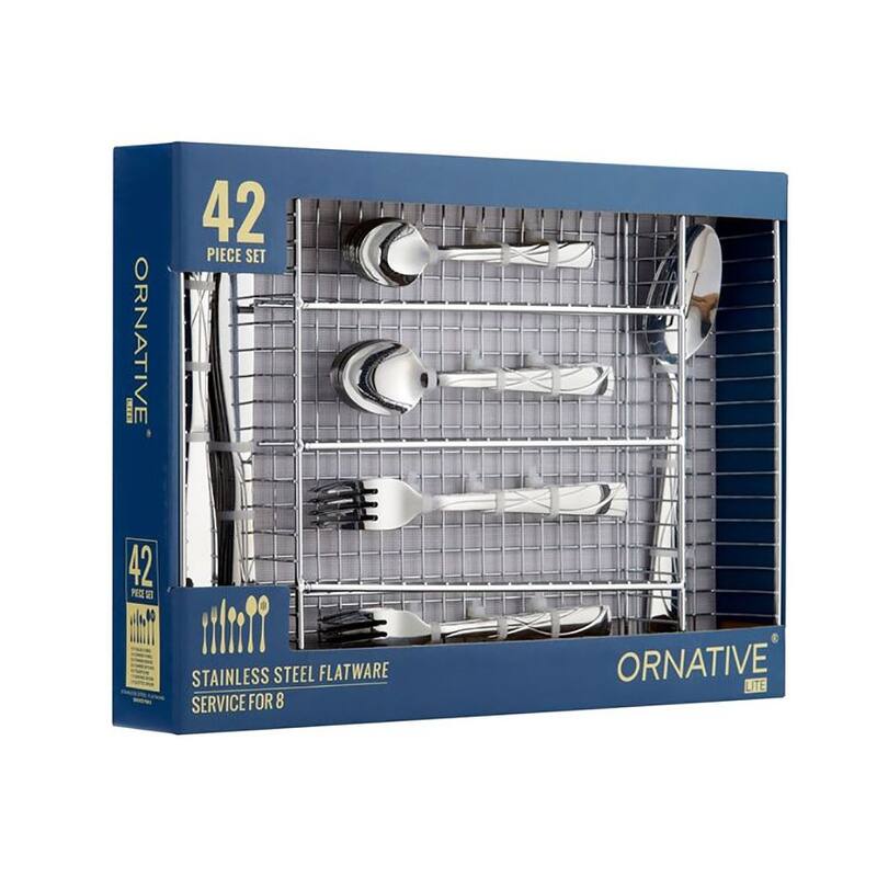 Ornative JARA 18/0 Stainless Steel Mirror 42 Pieces Flatware Set with Buffet - 10.71" H x 14.37" W x 1.77" D