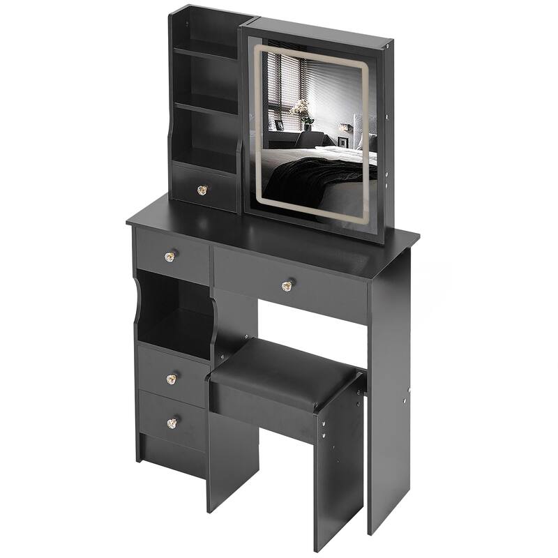 29.2" Small Size Left Drawer Desktop Vanity Table + Cushioned Stool, Large Sliding, Touch Control, Tri-color Switching