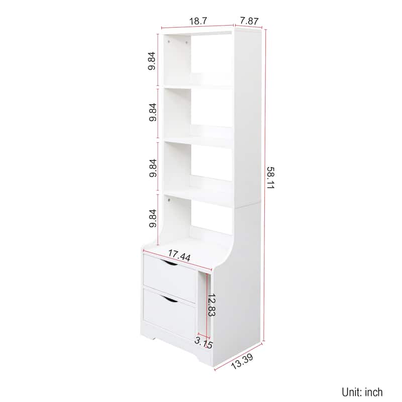 Tall Nightstand with Bookshelf, Bedside Table with 4-Shelf Storage Rack, Couch Side Table with 2 Storage Drawers