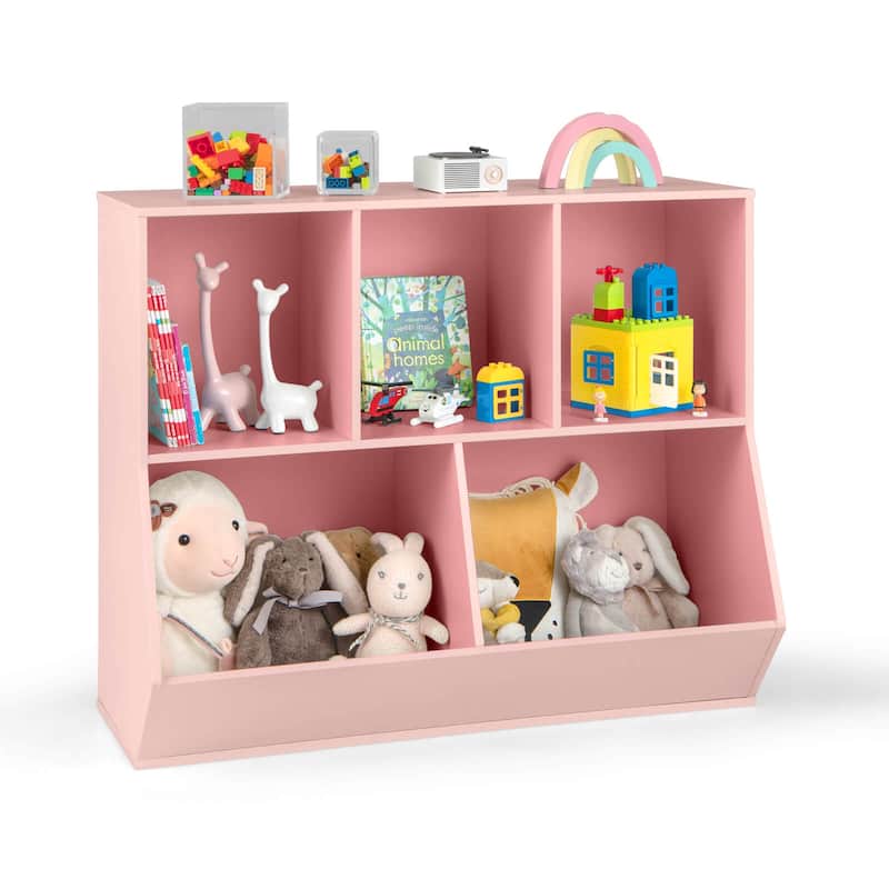 Costway 5-Cubby Kids Toy Storage Organizer Wooden Bookshelf Display - See Details - Pink