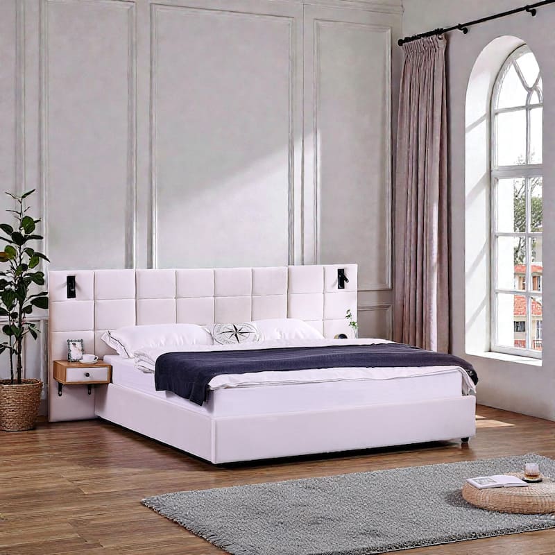 King Size Velvet Upholstered Hydraulic Storage Platform Bed with Shelves, Reading Lamps & USB Charging Port