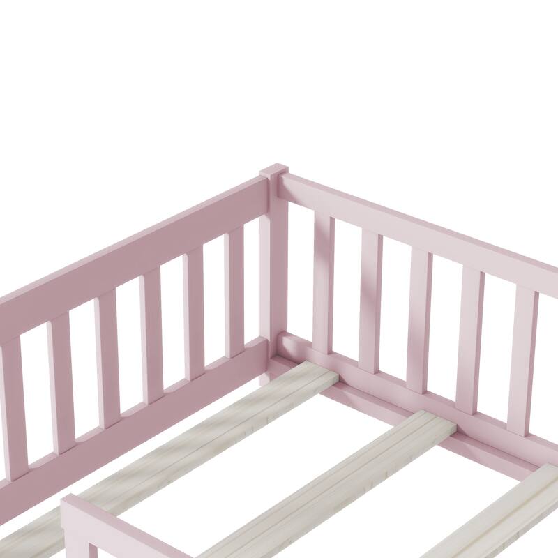 Montessori Twin Size Toddler Floor Bed with Fence without Door, Open-row Design Wood Frame Platform Bed with Safety Guardrails