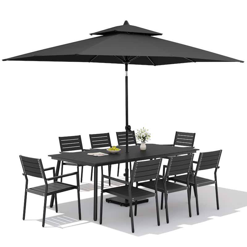 11PC Outdoor Patio Dining Set Aluminum Table with Stackable Armchairs w/ Premium Market Umbrella Sets