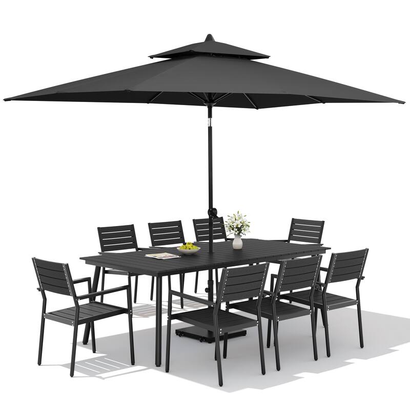 11PC Outdoor Patio Dining Set Wood-Like Aluminum Table with Stackable Armchairs,Double Top Market Umbrella and Wheel Base