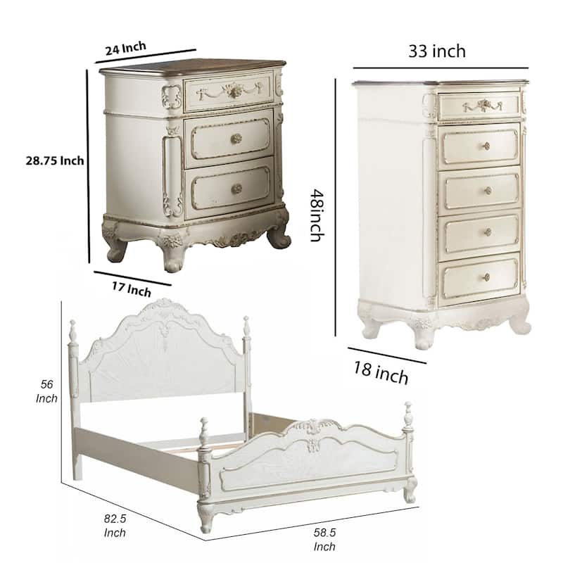 Prin 3 Pc Full Size Bedroom Set, Ornate Carvings, Antique White, Traditional