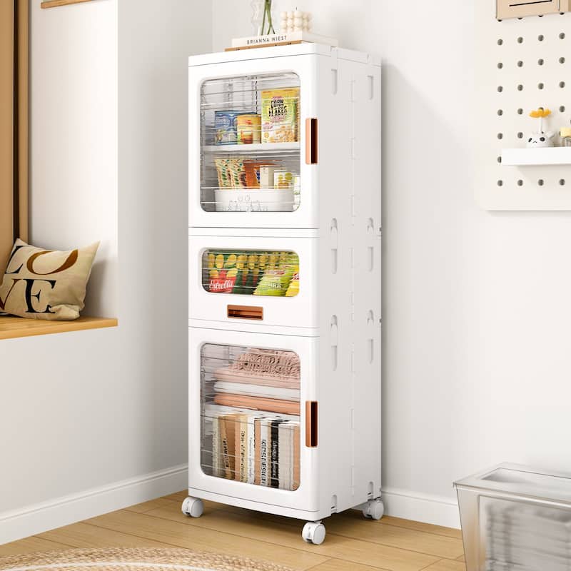 Javlergo White 5-Tier Tall Storage Cabinet with Wheels Adjustable Shelves Transparent Magnetic Doors & Drawer for Home - White