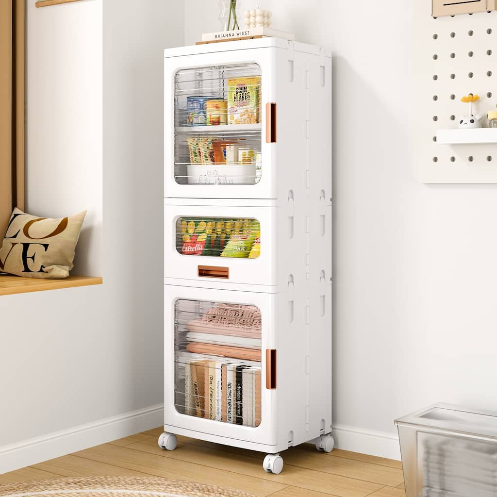 Javlergo White 5-Tier Tall Storage Cabinet with Wheels Adjustable Shelves Transparent Magnetic Doors & Drawer for Home