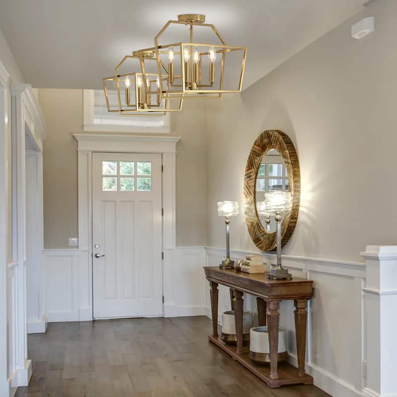 Modern 4 - Light Semi - Flush Mount, Gold Geometric Cube Design