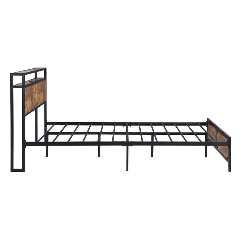 Noise Free Metal/Wood Platform Bed Frame with 2 USB Ports, Modern Industrial LED Lights Headboard Bed Frame with Shelf