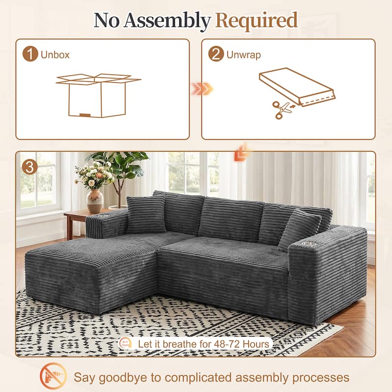 102'' No-Assembly Modular Corduroy Sofa with Cup Holder, Free Combination