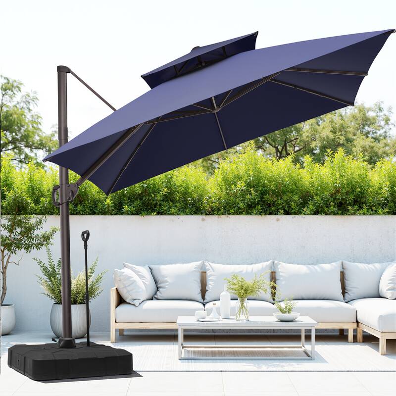 Outdoor 10FT Square Patio Cantilever-Offset Umbrella with Base - Navy Blue
