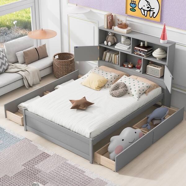 slide 2 of 16, Full Bed with Charging Station & 4 Drawers Storage Headboard|Grey