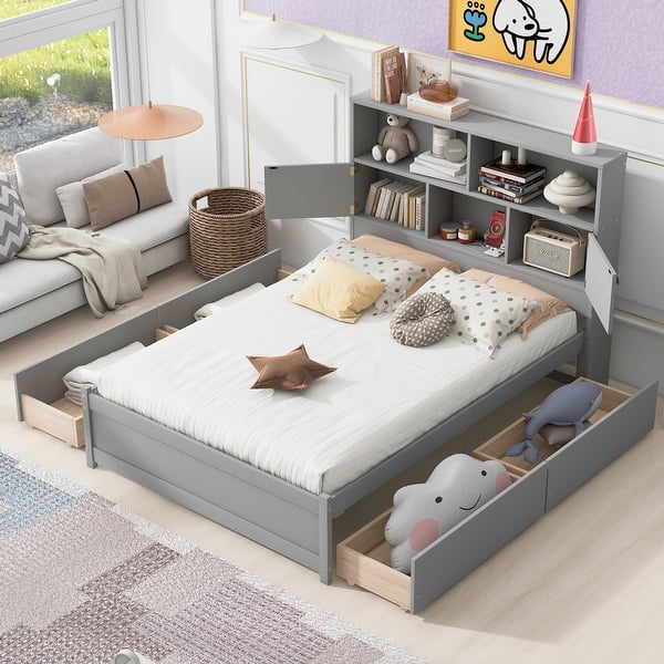 slide 2 of 32, Full Size Platform Bed with Storage Headboard, Charging Station, Grey