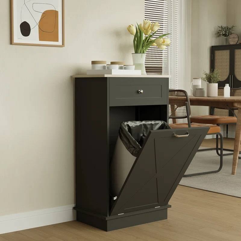 Wood 10-Gallon Tilt-Out Trash Can Cabinet Manual Lift - Black