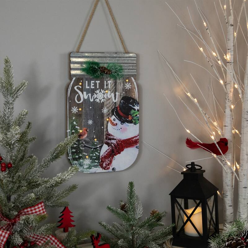 Snowman Mason Jar "Let It Snow" Christmas Wall Sign - 13.5"