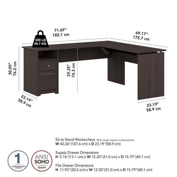 dimension image slide 3 of 6, 72W 3-position L-shaped Sit to Stand Desk by Bush Furniture