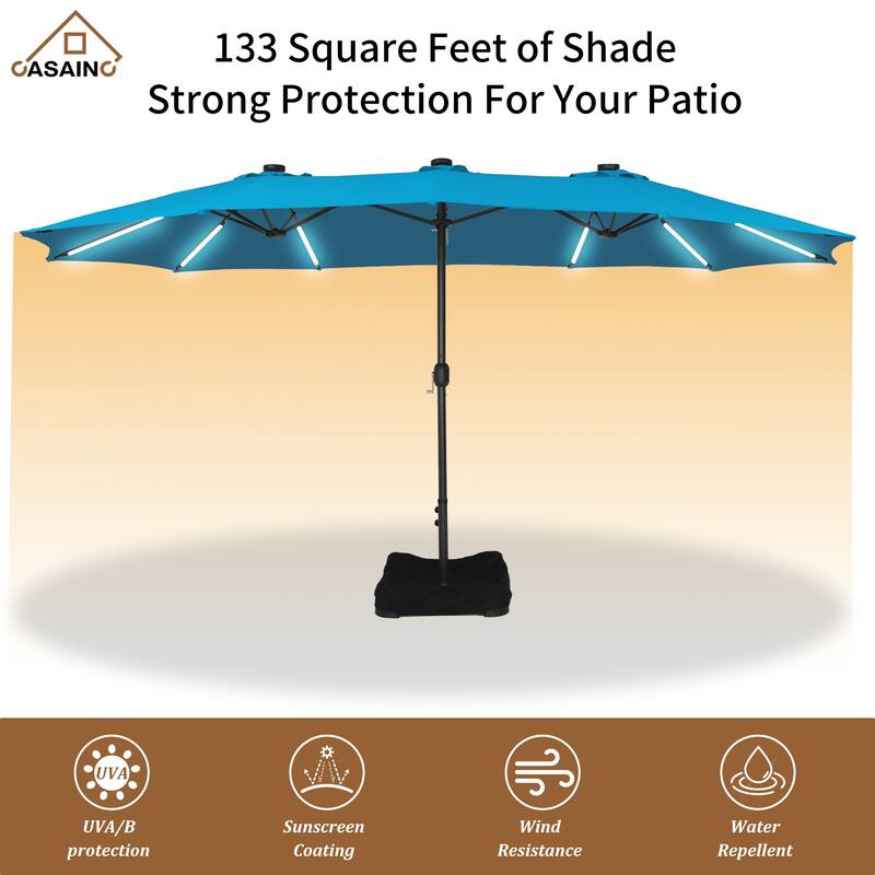 15 ft. Crank Double-sided Solar LED Ultra Lighted Outdoor Market Umbrella with Base Included