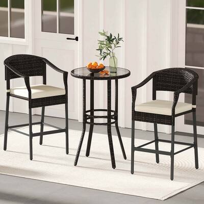 Costway 3 PCS Patio Rattan Bar Set Wicker Armchairs & Round Table with - See Details
