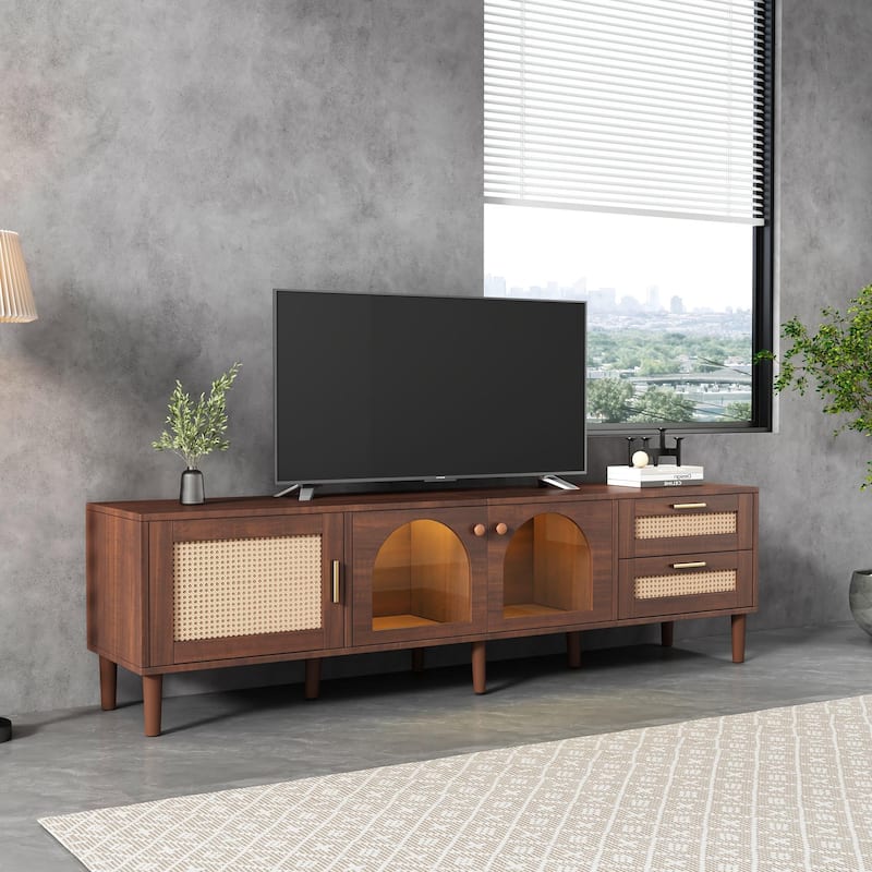 70 inch TV Stand for TVs up to 80", Entertainment Center with App Controlled LED Lights, 2 Drawers & Glass Door Storage