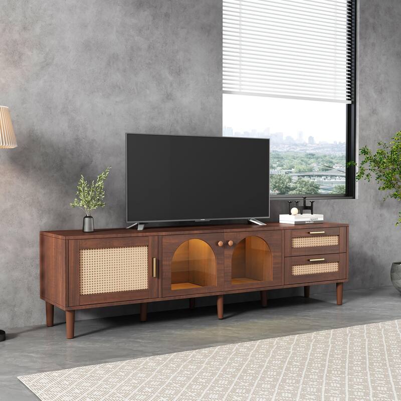 Dark Brown TV Stand for TVs up to 80", Entertainment Center with App Controlled LED Lights, PE Rattan Doors Media Cabinet